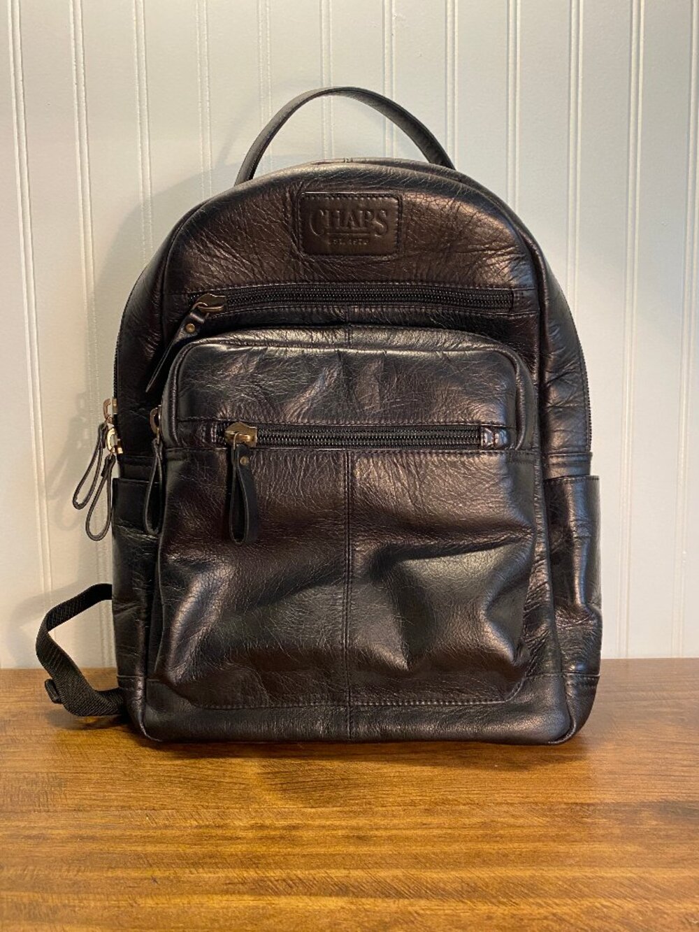 CHAPS Genuine Leather Backpack - Black Multi Pocket Travel Laptop School Bag